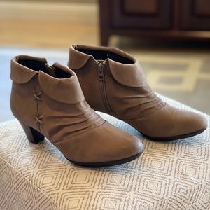 UMBERTO RAFFINI  Tan Ruched Burnished Suede Bootie, women’s boots